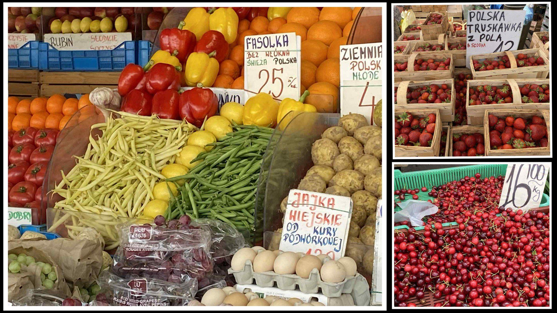 Na straganach na kieleckich bazarach jest spory wybór warzyw i owoców. Popularne są truskawki i czereśnie.