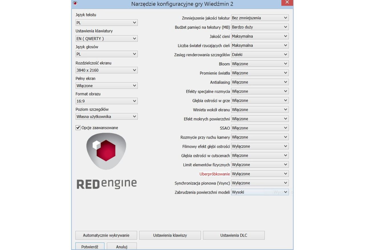 Ustawienia testowe Wiedźmina 2