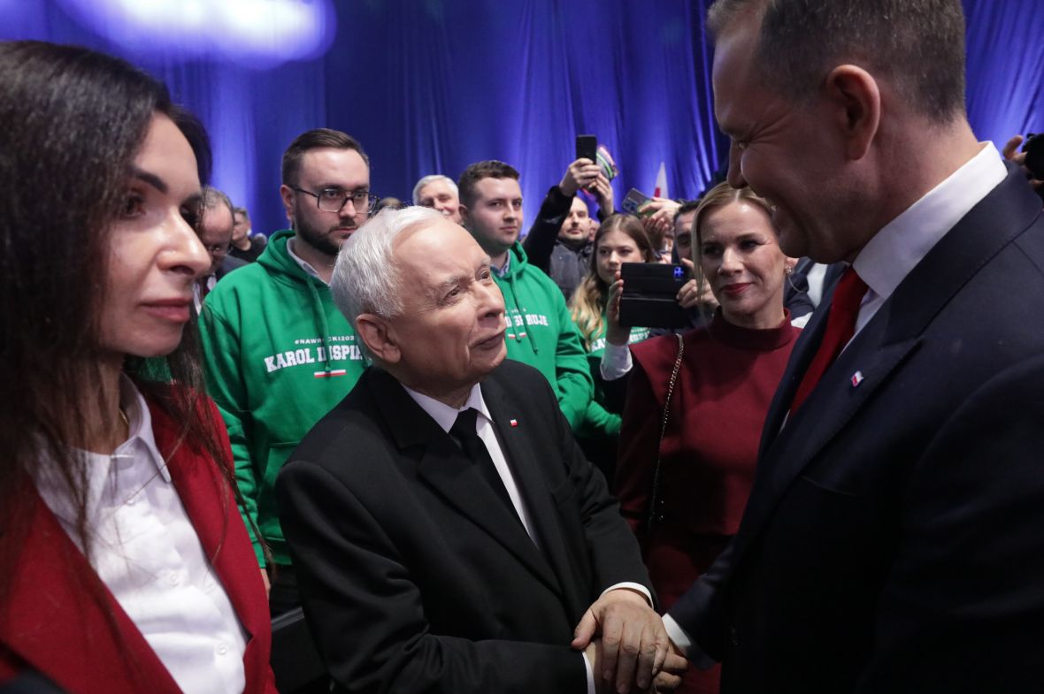 Prezes PiS Jarosław Kaczyński i Karol Nawrocki na swojej 