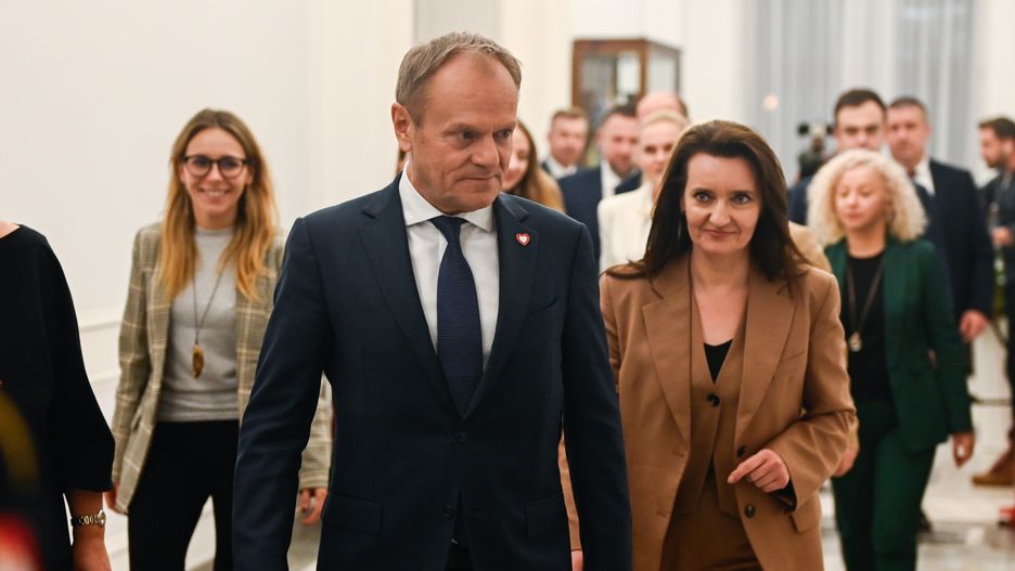 WARSAW, POLAND - DECEMBER 12: : The leader of Civic Coalition (KO) and Prime Minister, Donald Tusk walks together with members of his cabinet after winning the vote of confidence at the parliament (SEJM) on December 12, 2023 in Warsaw, Poland. on December 12, 2023 in Warsaw, Poland. After eight years of Poland's national conservative party in power, centrist Donald Tusk is back and set to forge a pro-EU government. (Photo by Omar Marques/Getty Images)
