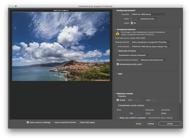 Drukując z Adobe Photoshop wybierz profil drukarki.