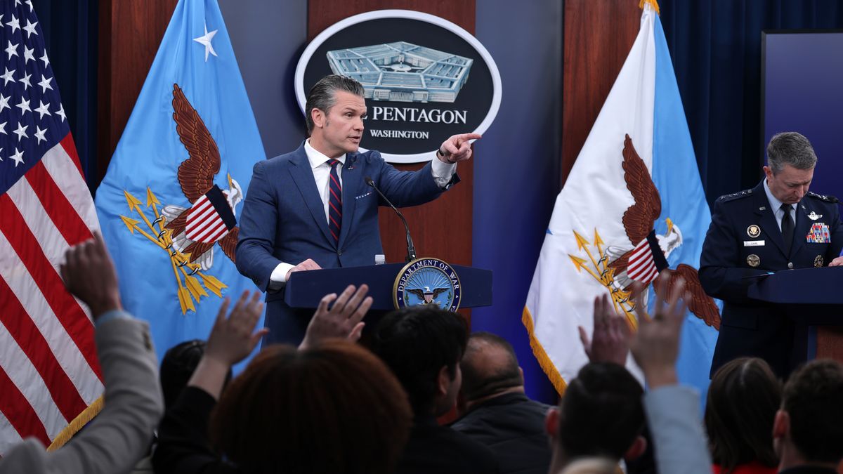 ARLINGTON, VIRGINIA - MARCH 02: U.S. Secretary of War Pete Hegseth takes questions during a news conference at the Pentagon on March 2, 2026 in Arlington, Virginia. Secretary Hegseth and Chairman of the Joint Chiefs of Staff General Dan Caine held the news conference to give an update on Operation Epic Fury. (Photo by Alex Wong/Getty Images)