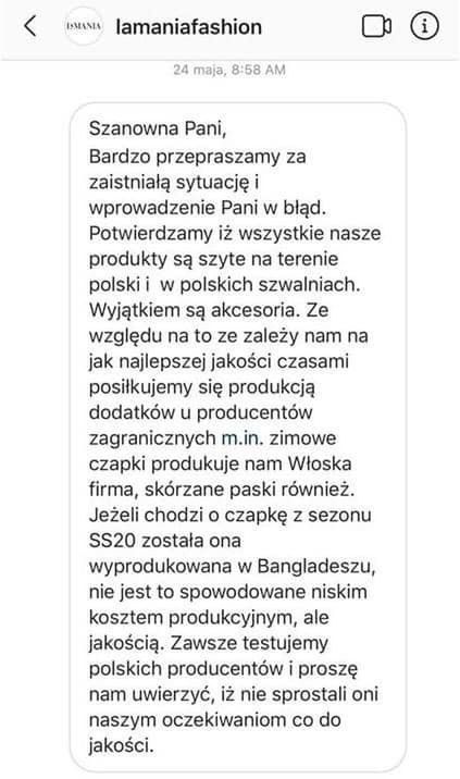 a Mania sprzedaje czapki z metką "Made In Bangladesh"