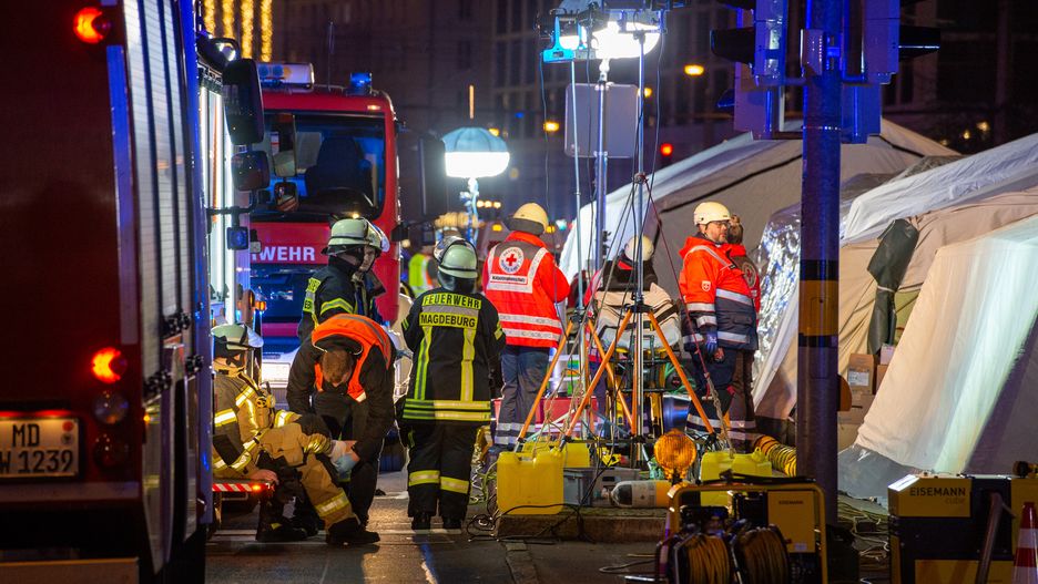 MAGDEBURG, GERMANY - DECEMBER 20: Ambulance crews assemble their equipment at the annual Christmas market in the city center following a likely terror attack on December 20, 2024 in Magdeburg, Germany. According to initial reports at least two people, including an infant, are dead and at least 60 injured after a car drove into the crowded Christmas market. Police have arrested the driver, who is reportedly a Saudi national who has been living in Germany since 2006 and was working as a doctor. (Photo by Craig Stennett/Getty Images)