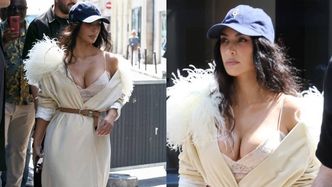 Rozchełstana Kim Kardashian w beżowym szlafroku wymyka się z paryskiego hotelu