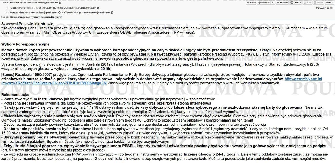 Mail ujawniony w sieci w trakcie przesłuchania Michała Dworczyka przed komisją śledczą