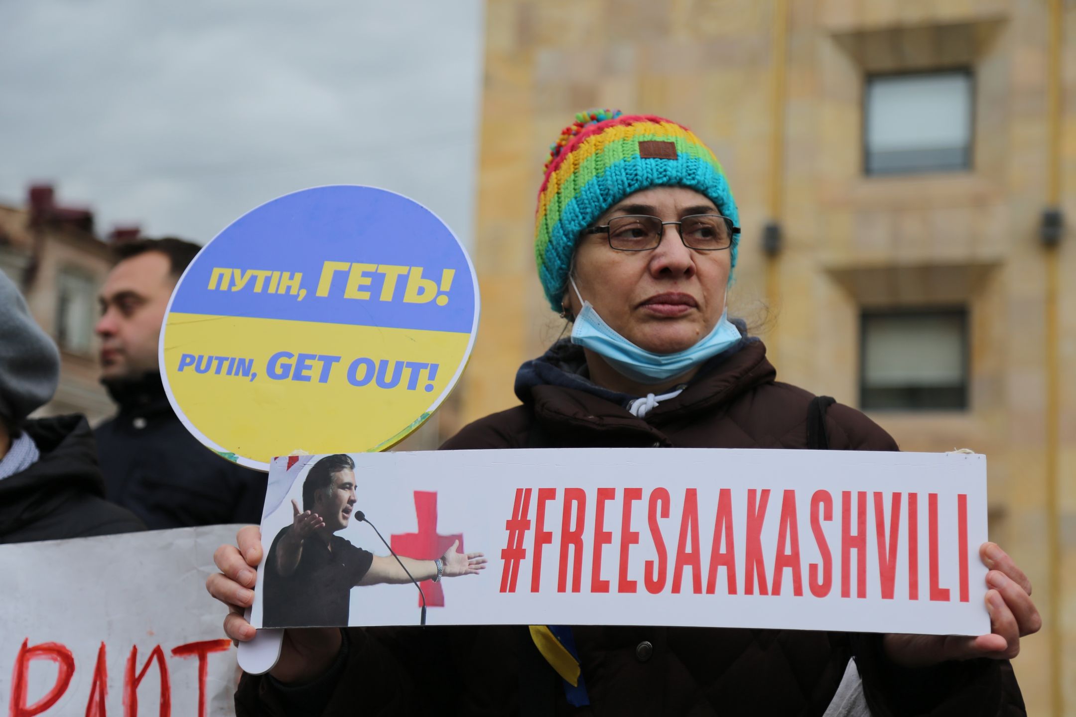 TBILISI, GEORGIA - MAY 05: People gather to stage a demonstration in support of former Georgian President Mikhail Saakashvili, detained on October 1, 2021, demanding transferring Saakashvili to a suitable hospital abroad due to allegedly deterioration of his health in front of government building in Tbilisi, Georgia on May 05, 2022. (Photo by Davit Kachkachishvili/Anadolu Agency via Getty Images)