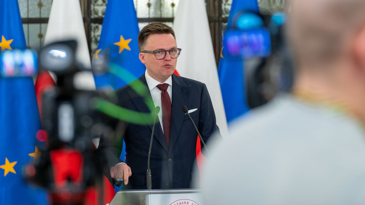 WARSAW, POLAND - 2024/04/10: Szymon Holownia, Marshal of the Sejm, talks to the press during the 9th session of the Polish Parliament. During this parliament session, the parliament discussed the right to legalize abortion. This issue of abortion gained attention following the series of Women's Strike (Strajk Kobiet) protests in Poland from 2020 to 2021. The protests were in response to government regulations that significantly restricted abortion rights, making almost all cases of abortion illegal, even in situations involving severe fetal disabilities or life-threatening diseases. (Photo by Marek Antoni Iwanczuk/SOPA Images/LightRocket via Getty Images)