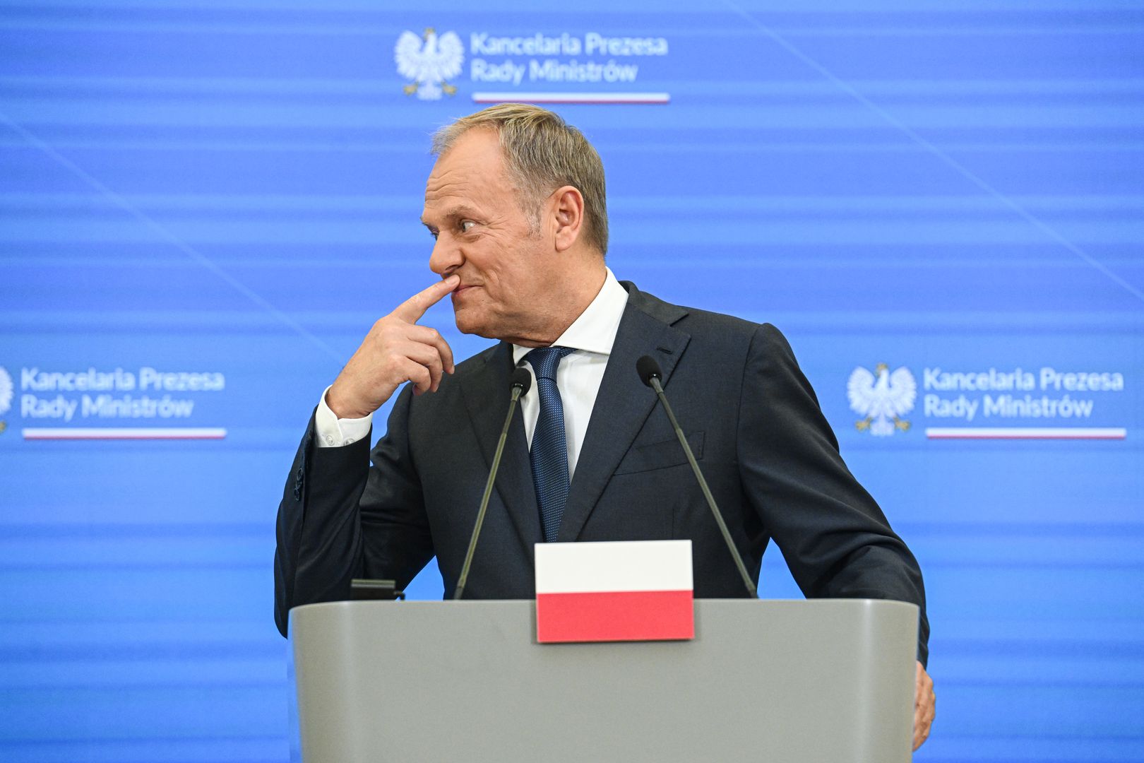 WARSAW, POLAND - JULY 08: Poland's Prime Minister, Donald Tusk and the president of Ukraine, Volodymyr Zelenskyy (not seen) attend a press conference after signing a cooperation agreement on the security field  at the Chancellery of the Prime Minister on July 08, 2024 in Warsaw, Poland. Ukrainian President visit to Warsaw, comes a day before of the NATO summit in the US as he seeks to secure more support and aid in the War against Russia. (Photo by Omar Marques/Anadolu via Getty Images)