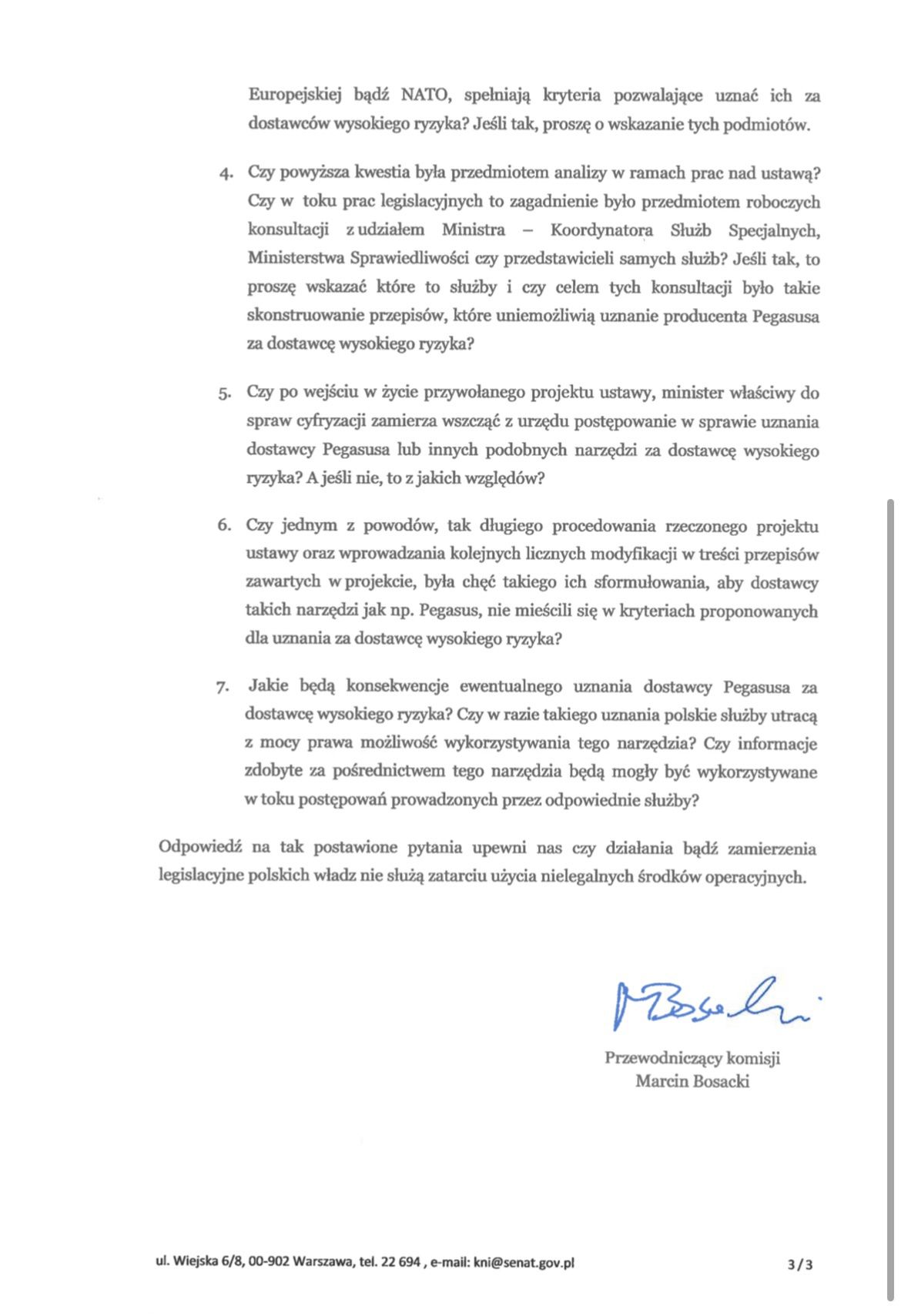 Pismo Marcina Bosackiego, szefa senackiej komisji ds. wyjaśnienia przypadków nielegalnej inwigilacji, do premiera Mateusza Morawieckiego