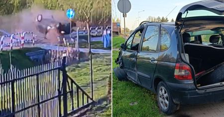 Wyleciał z drogi, ściął latarnię i dachował. Wszystko nagrała kamera