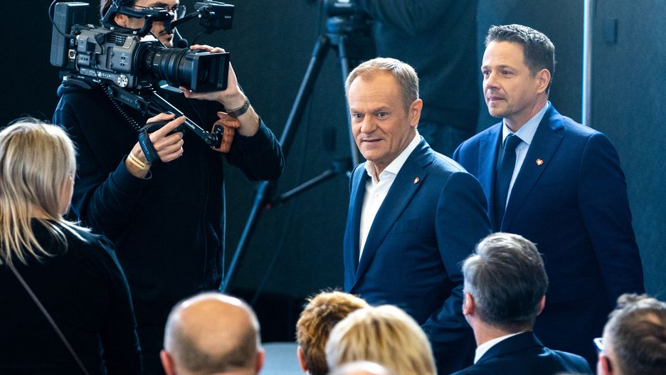 Prime Minister Donald Tusk and the Chairman of the Civic Coalition, Warsaw Mayor Rafal Trzaskowski, are arriving for a meeting of the National Council of Civic Platform ahead of the upcoming local elections in Warsaw, Poland, on March 8, 2024. (Photo by Andrzej Iwanczuk/NurPhoto via Getty Images)