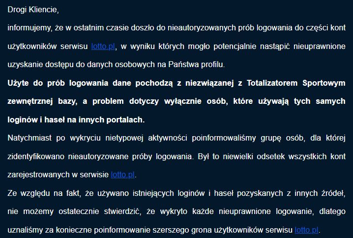 Fragment e-maila rozsyłanego przez Lotto.pl