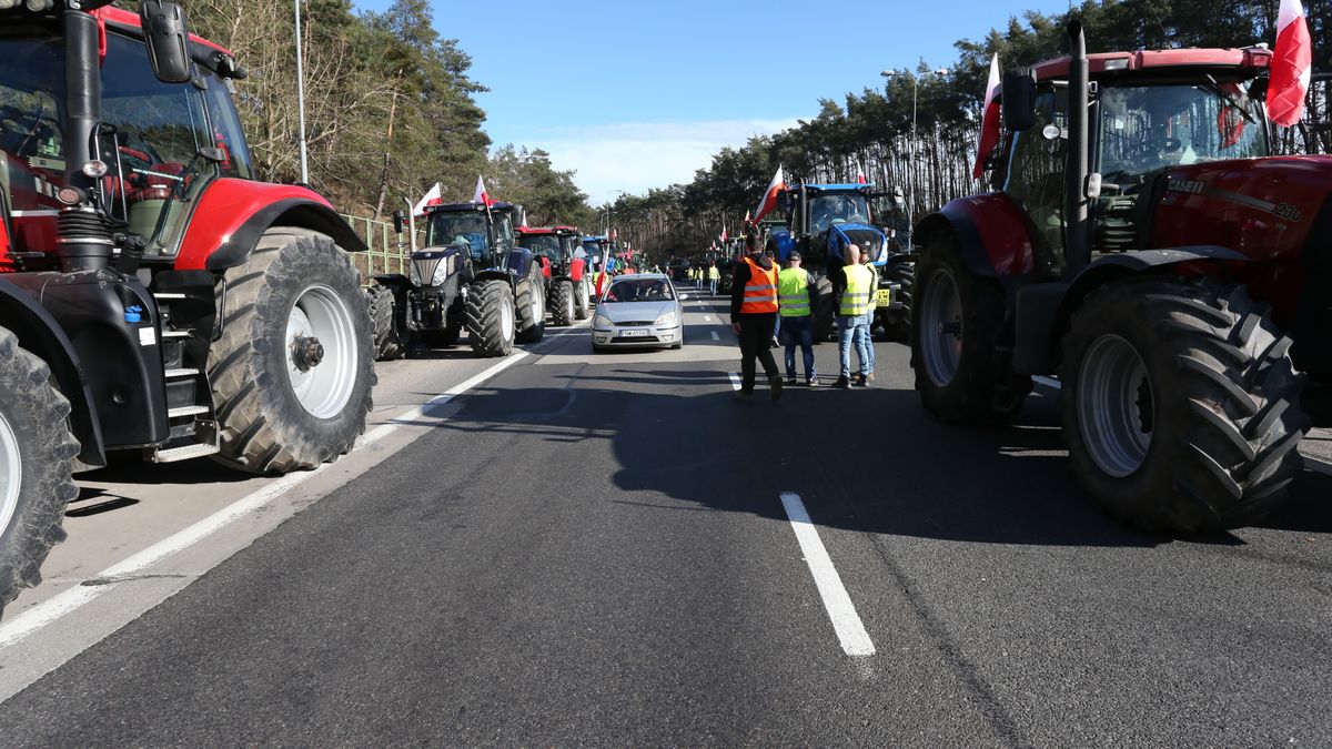 Świecko, 25.02.2024. Protest rolników � blokada dojazdu do terminalu odpraw celnych na polsko-niemieckiej granicy w Świecku, 25 bm. Powodem protestów rolników w całej Polsce jest m.in. niedawna decyzja Komisji Europejskiej o przedłużeniu bezcłowego handlu z Ukrainą do 2025 roku, a także sprzeciw wobec prowadzonej przez Unię Europejską polityce Zielonego Ładu. (ad) PAP/Lech Muszyński