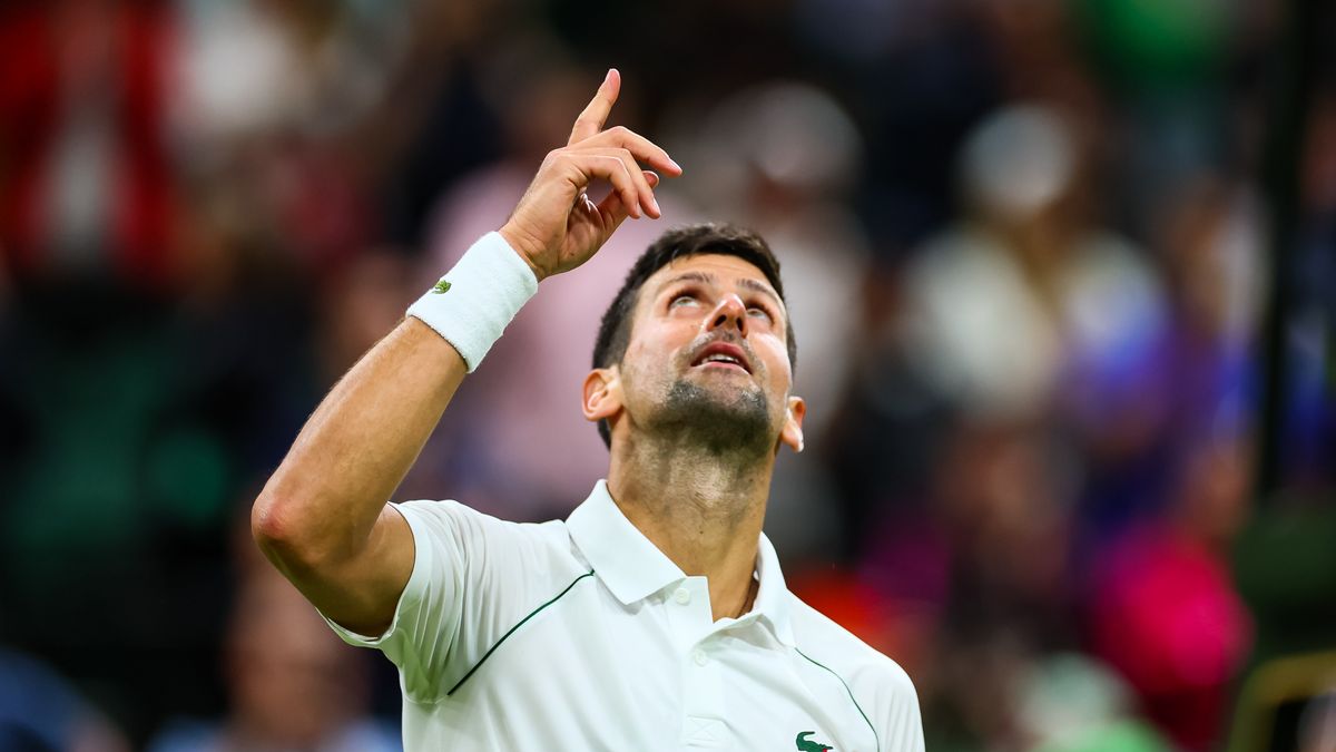 LONDON, ENGLAND - JULY 04: Novak Djokovic of Serbia celebrates his victory over Tim Van Rijthoven of the Netherlands during day eight of The Championships Wimbledon 2022 at All England Lawn Tennis and Croquet Club on July 04, 2022 in London, England. (Photo by Frey/TPN/Getty Images)