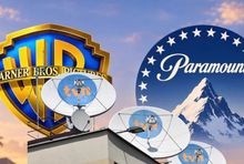Siedziba TVN (fot. PAP) na tle logo Warner Bros. i Paramount