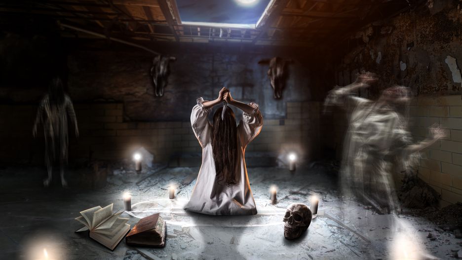 Witch, flying spirits of dead people, full moonWitch in white shirt, flying spirits of dead people, pentagram circle with candles in basement of the abandoned house, dark magic ritual in full moon, witchcraft. Occultism and exorcismevil, halloween, magic, occult, witchcraft, ritual, devil, horror, witch, black, sorcery, scary, mystic, spell, occultism, exorcism, symbol, vintage, candle, supernatural, divination, gothic, satanic, ancient, esoteric, rite, prediction, old, female, woman, sinister, prophecy, paranormal, spiritual, dark, fantasy, pentagram, demon, wicca, grunge, sign, diabolic, background, mystery, mysterious, death, mysticism, skull, religion