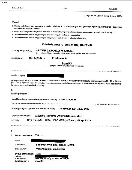  Oświadczenie majątkowe posła Artura Łąckiego