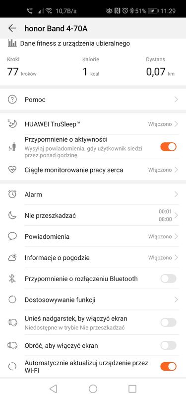 Ustawienia opaski w aplikacji Huawei Health