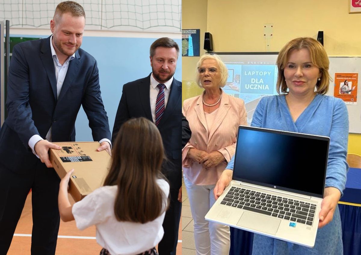 Minister Janusz Cieszyński oraz posłanka Anna Krupka (oboje  kandydaci PiS) wręczają w szkołach laptopy z rządowego programu