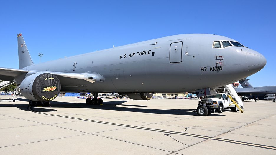 KC-135 Stratotanker Out Of March Air Reserve Base Simulated Inflight Refueling
Riverside, CA - April 21: A Boeing KC-46A tanker sits on the tarmac at March Air Reserve Base in Riverside on Friday, Apr. 21, 2023. The KC-46A is replacing the aging KC-135 which entered service with the United States Air Force (USAF) in 1957. (Photo by Will Lester/MediaNews Group/Inland Valley Daily Bulletin via Getty Images)
MediaNews Group/Inland Valley Da