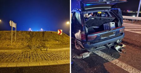 Auto przeleciało nad rondem. Kierowca pijany i z zakazem jazdy