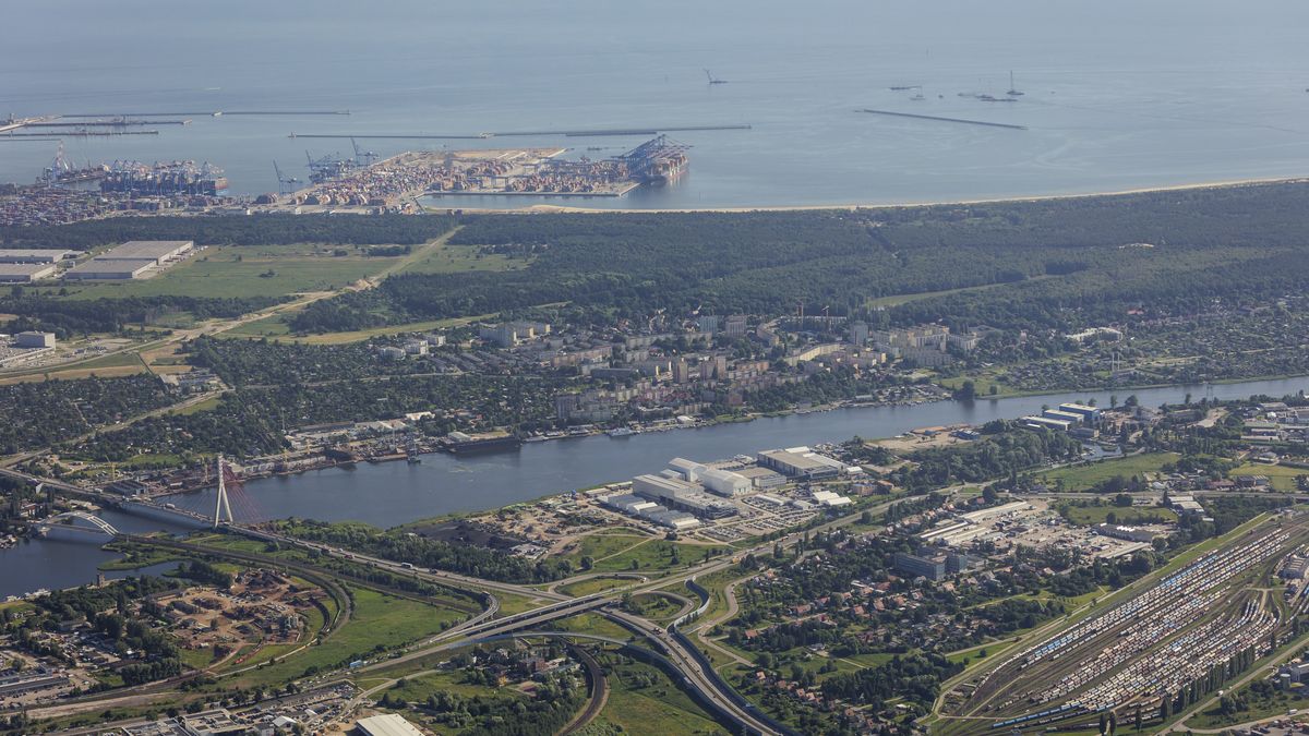 GDANSK, POLAND - JUNE 25: Aerial view of Gdansk from an airplane on June 25, 2026 in Gdansk, Poland. (Photo by Thomas Koehler/Photothek via Getty Images)