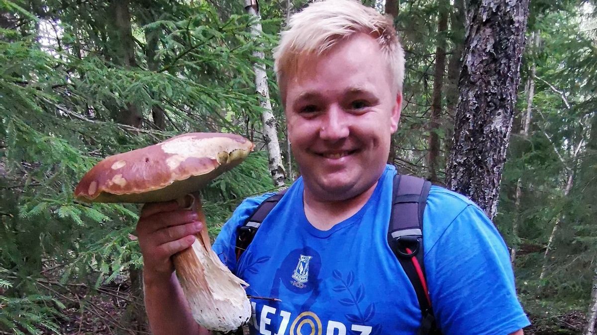 Pan Damian mieszka w Norwegii. Mówi, jak tutaj zbiera się grzyby. 