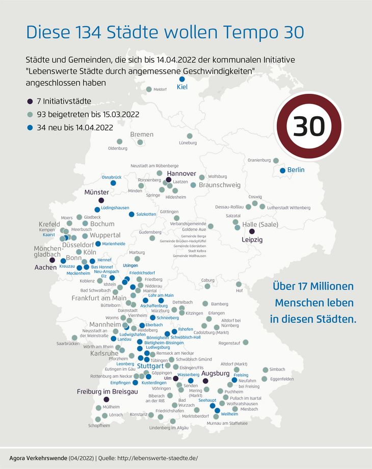 Mapa miast, które chcą wprowadzenia stref Tempo 30, jest imponująca