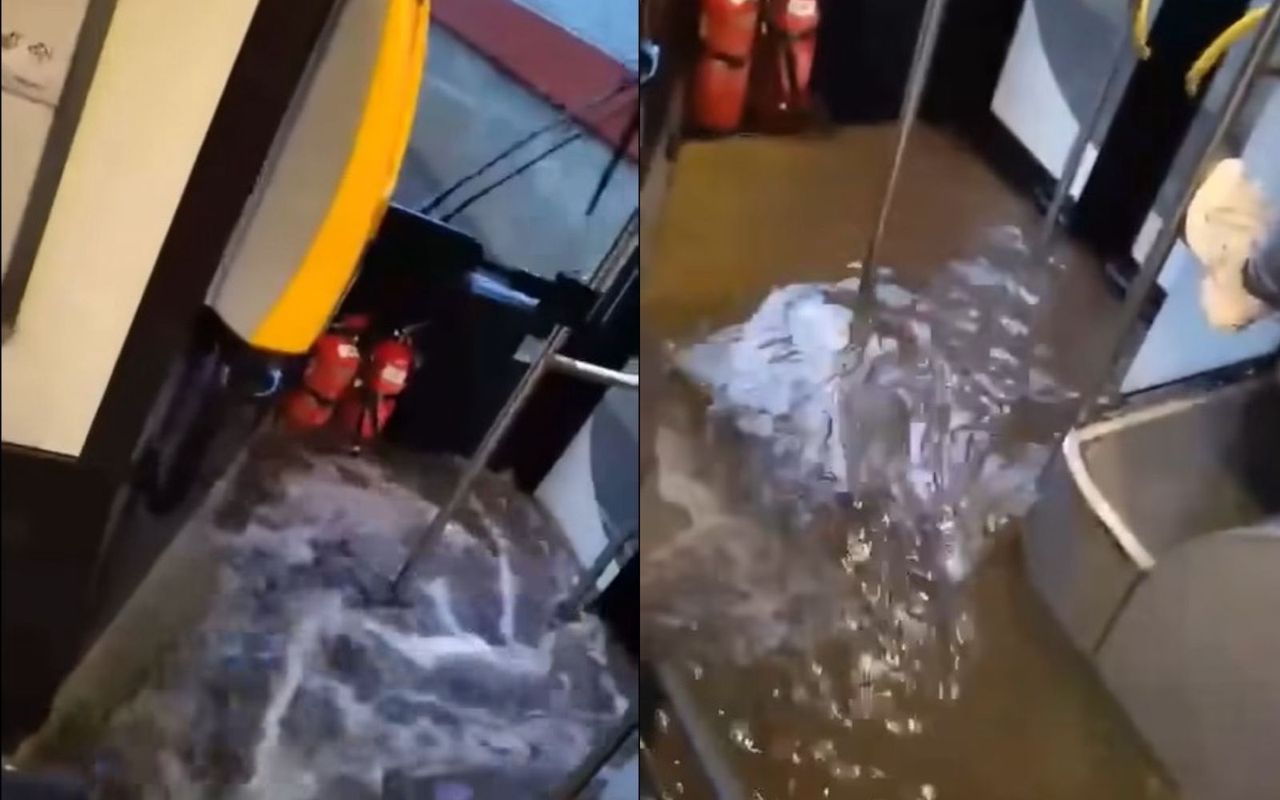 Nagranie z Krakowa. Woda wdarła się do autobusu