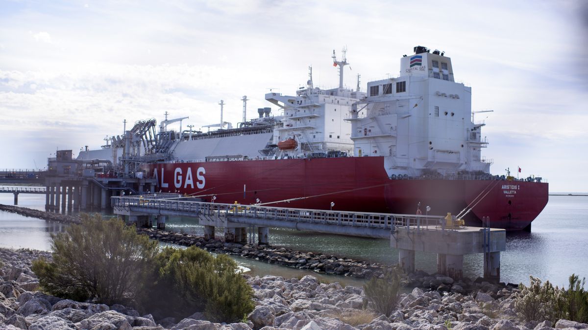 The Aristidis I liquefied natural gas (LNG) tanker docked at the Cheniere Liquefaction facility (CCL) in Corpus Christi, Texas, US, on Monday, Dec. 4, 2023. Cheniere's Corpus Christi Stage 3 expansion is part of the third and biggest wave of new liquefied natural gas supply to enter the global market. Photographer: Mark Felix/Bloomberg via Getty Images