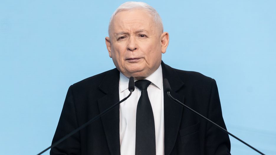 Jaroslaw Kaczynski, the leader of the Law and Justice (PiS) party, is speaking at a press conference before the local elections in Warsaw, Poland, on April 4, 2024. (Photo by Foto Olimpik/NurPhoto via Getty Images)