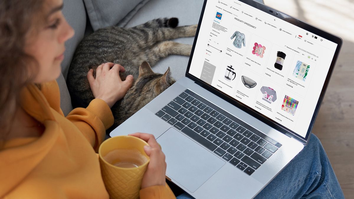 Young,Hispanic,Latin,Teen,Girl,Student,Relax,Sit,On,SofaYoung hispanic latin teen girl student relax sit on sofa with cat holding laptop looking at mock up white computer screen online learning on pc, elearning, watching movie. Over shoulder closeup viewtv user, child children, college communication, room sale, app appli