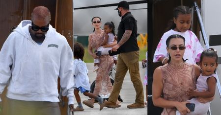 Posągowa Kim Kardashian w towarzystwie KANYE WESTA i dzieci opuszcza prywatny samolot na lotnisku w Malibu (ZDJĘCIA)