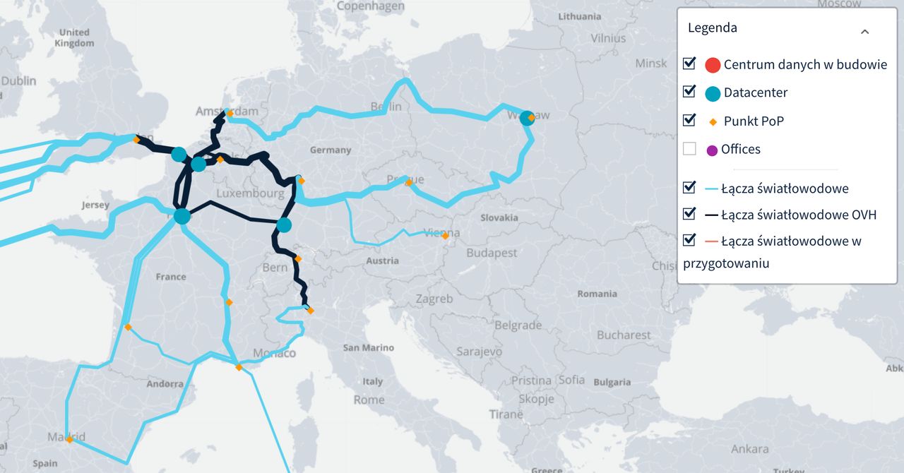 Mapa połączeń światłowodowych, używanych przez OVH