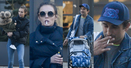 Misiek Koterski i Marcela Leszczak w jeansowych stylizacjach palą papierosy na spacerze z synem