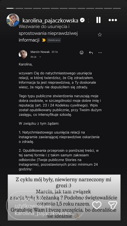 Pajączkowska pokazała treść wiadomości od byłego narzeczonego