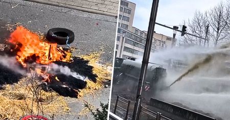 Obornik kontra armatki wodne. Chaos w Brukseli przed budynkiem UE