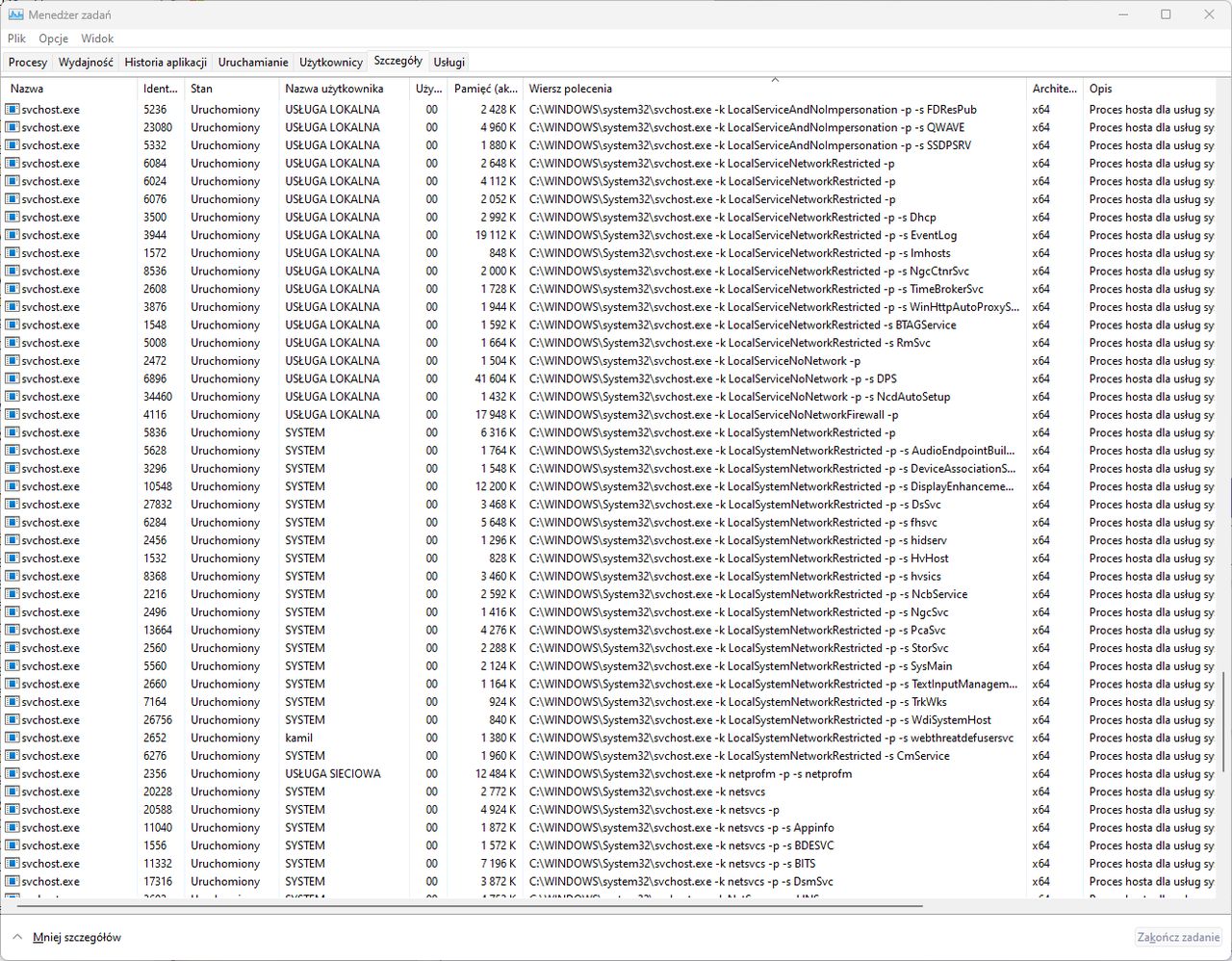 Duża liczba procesów svchost