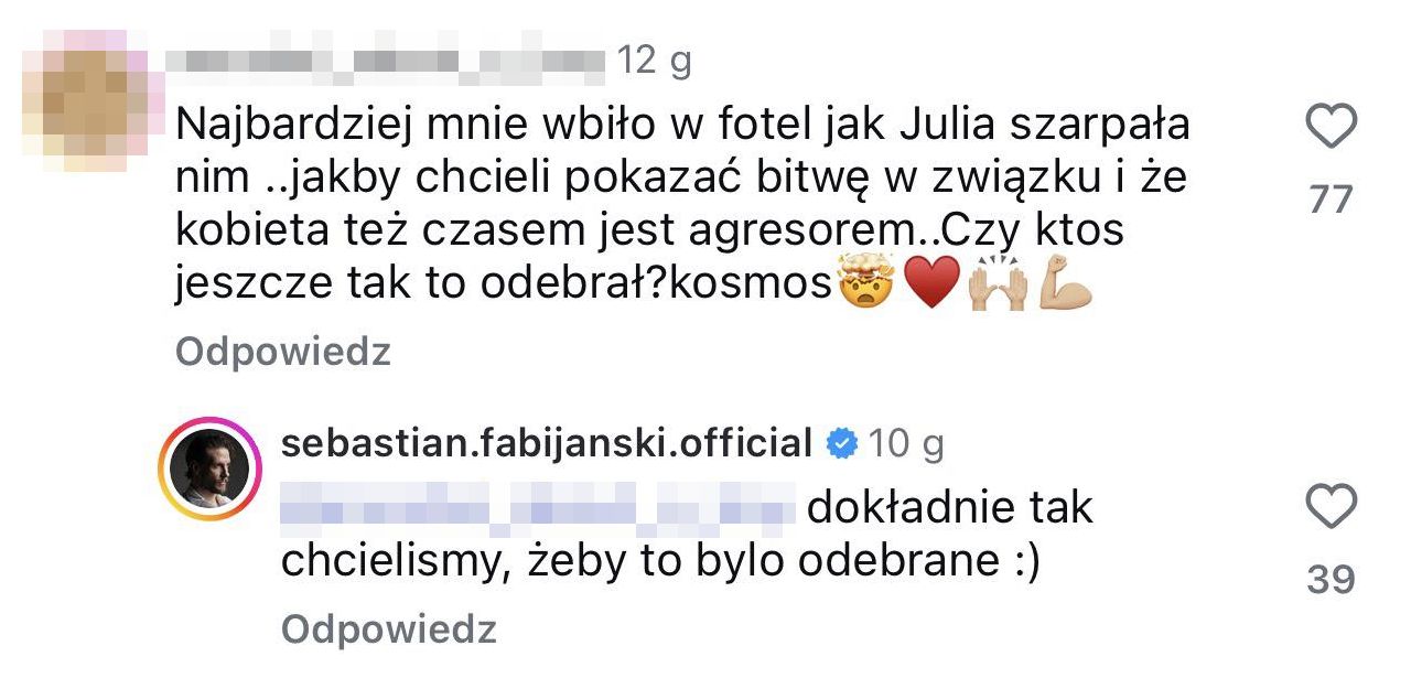 Sebastian Fabijański odpowiada na komentarz fanki