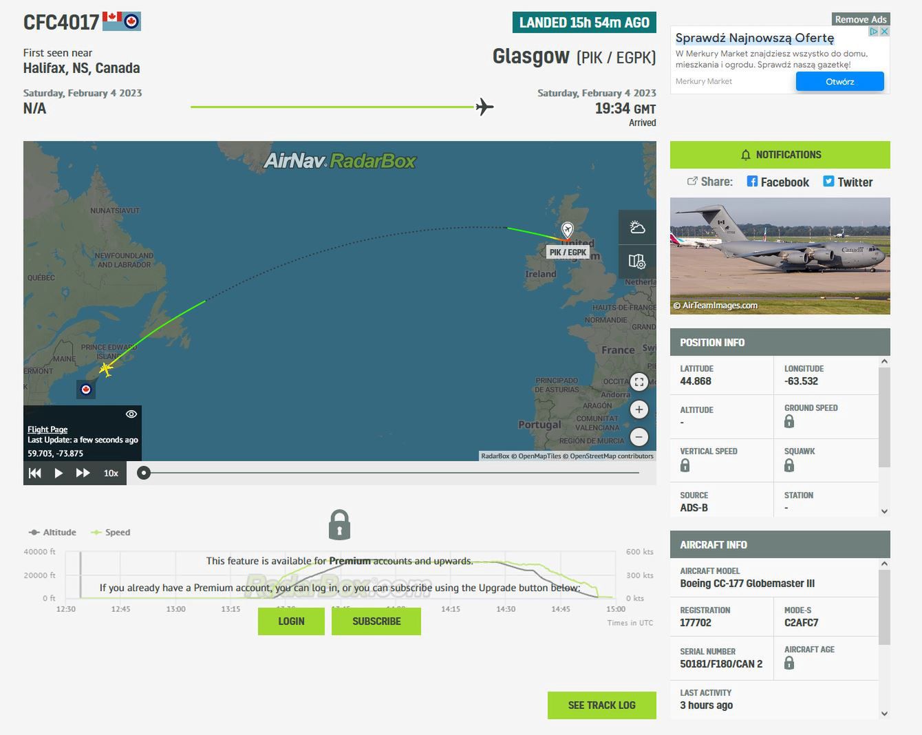 Przelot kanadyjskiego Boeinga C-17 Globemaster III z Leopardem 2A4.