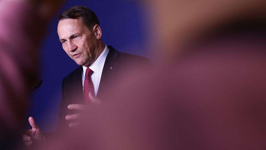 Polish Foreign Affairs Minister Radoslaw Sikorski during the press conference with European Commissioner for Defence Industry and Space Andrius Kubilius in Warsaw, Poland on April 2, 2025. (Photo by Jakub Porzycki/NurPhoto via Getty Images)