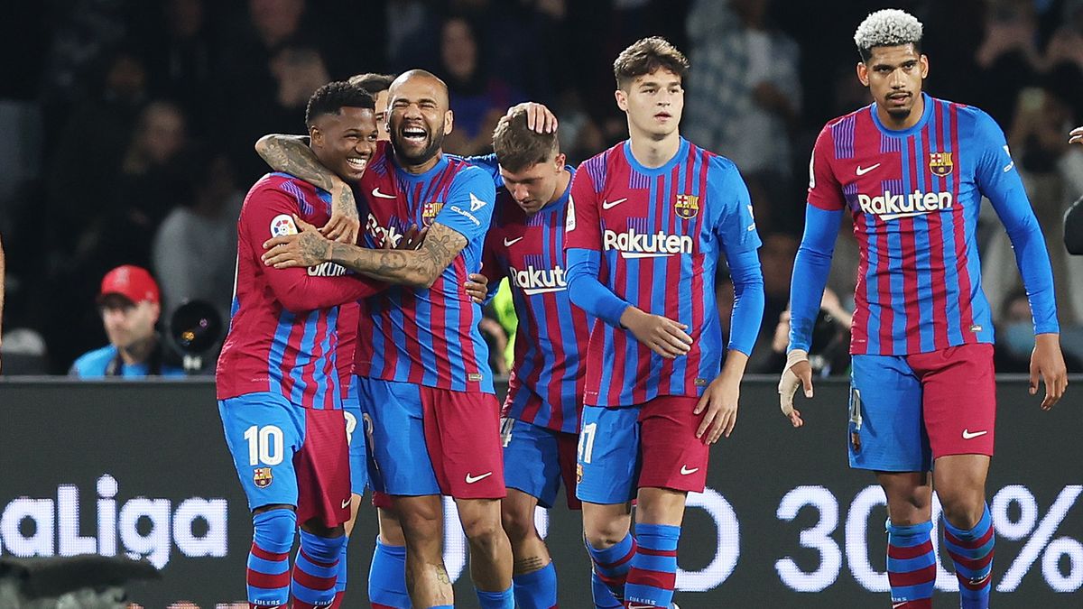SYDNEY, AUSTRALIA - MAY 25: Ansu Fati of FC Barcelona celebrates scoring a goal with teammate Dani Alves of FC Barcelona during the match between FC Barcelona and the A-League All Stars at Accor Stadium on May 25, 2022 in Sydney, Australia. (Photo by Mark Metcalfe/Getty Images)
