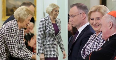 Agata Duda w śliwkowej sukience i żakiecie w pepitkę na spotkaniu z przedstawicielami Kościołów. Udana stylizacja? (ZDJĘCIA)