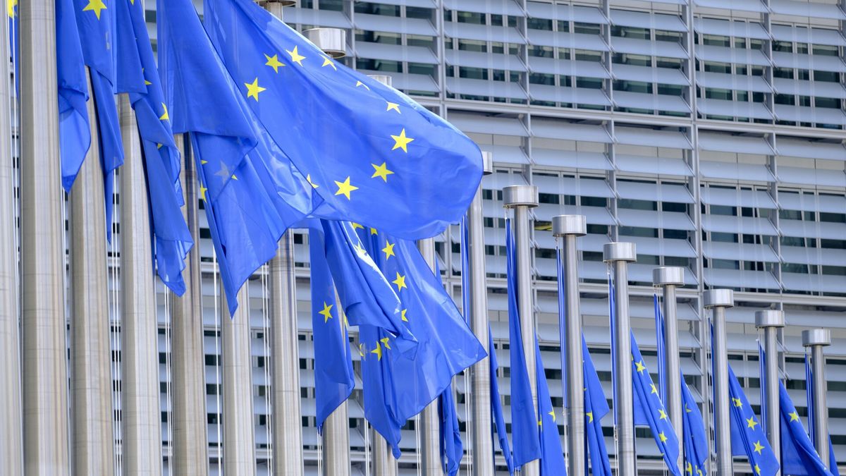 Reporter archiwum 2023 0616.06.2023 Bruksela Flagi UE powiewaja na wietrze przed Berlaymont, siedziba Komisji Europejskiej, 16 czerwca 2023 r., Bruksela, Belgia. Flaga Europy, przyjeta 9 grudnia 1955 r., jest flag? ozdobiona dwunastoma piecioramiennymi zlotymi gwiazdami, z ktorych jeden skierowany jest do gory, ulozonymi w rownej odleg?osci w okregu na lazurowym polu. Reprezentuje solidarnosc i jednosc miedzy narodami EuropyFot: Thierry Monasse/REPORTERThe EU flags flutter in the wind in front of the Berlaymont, the EU Commission headquarter on June 16, 2023 in Brussels, Belgium. The Flag of Europe, adopted on December 9, 1955, is a flag decorated with twelve five-pointed gold stars, one of the points pointing upwards, arranged at equal distance in a circle on a field of azure. It represents solidarity and union between the peoples of Europe. Fot: Thierry Monasse/REPORTERThierry Monasse/REPORTER