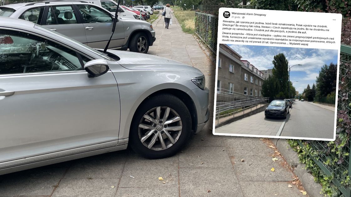 Parkujące na chodnikach samochody zostawiają niewiele miejsca dla pieszych i wózków