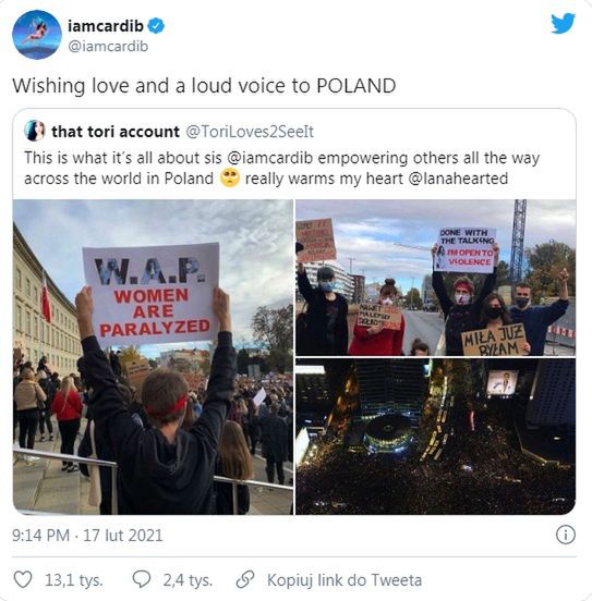 Cardi B wspiera Strajk Kobiet na Twitterze