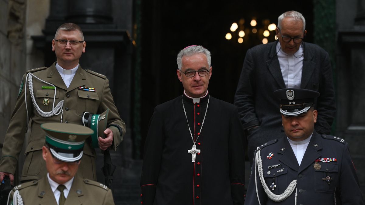 KRAKOW, POLAND - MAY 15, 2023: , The Bishop Wieslaw Lechowicz (Center), bishop of the Polish Army, leaves the Wawel Cathedral, after a special mass, on their special day, on May 15, 2023, in Krakow, Poland.
Poland celebrates Border Guard Day on May 16, honoring the formation's inception in 1991. President awards promotions and state honors to Border Guard officers at ceremony. (Photo by Artur Widak/NurPhoto via Getty Images)