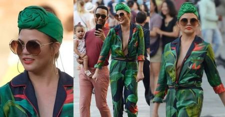 Wystrojona Chrissy Teigen w piżamie bez stanika