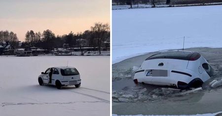 Jeździł autem po zamarzniętym stawie. Samochód utonął